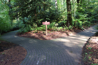 Maple Ridge Trail transitions to pavers – trail junction with directional signage – Maple Ridge Trail and Jackson Shelter